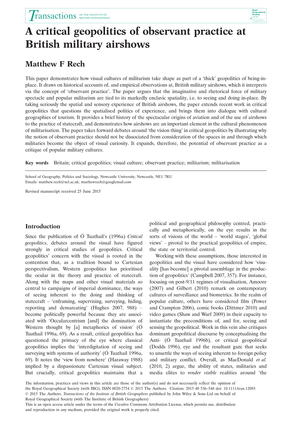 A Critical Geopolitics of Observant Practice at British Military Airshows