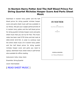 In Noctem Harry Potter and the Half Blood Prince for String Quartet Nicholas Hooper Score and Parts Sheet Music