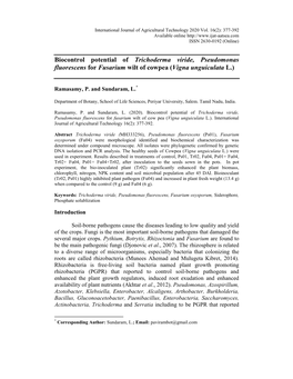 Biocontrol Potential of Trichoderma Viride, Pseudomonas Fluorescens for Fusarium Wilt of Cowpea (Vigna Unguiculata L.)