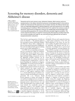 Screening for Memory Disorders, Dementia and Alzheimer's Disease