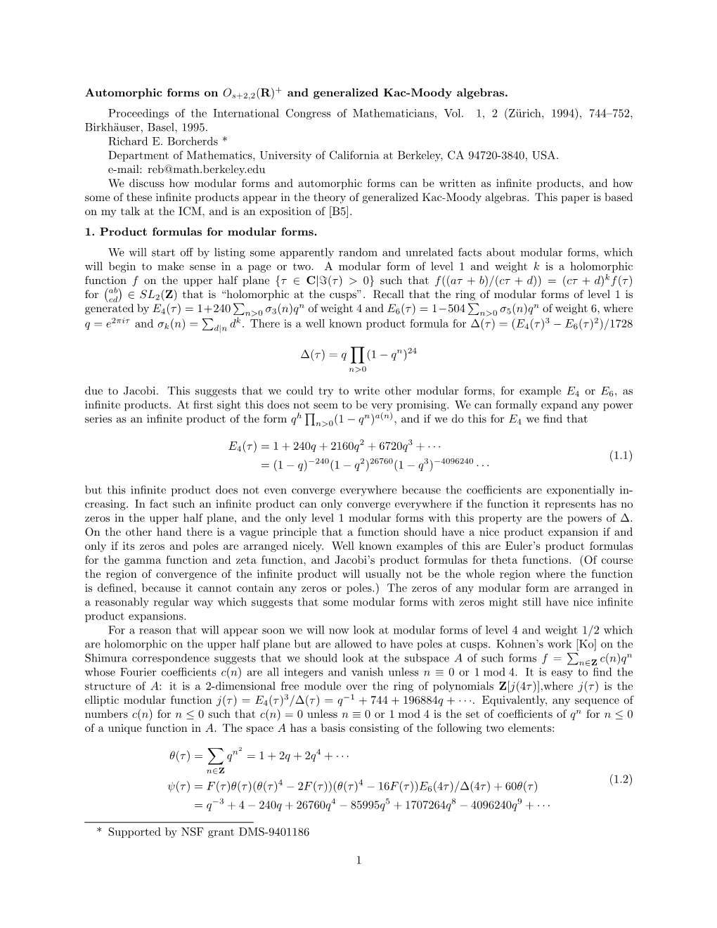 Automorphic Forms on Os+2,2(R)+ and Generalized Kac