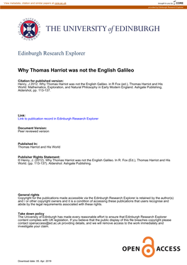 Why Thomas Harriot Was Not the English Galileo