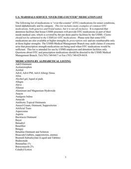 U.S. Marshals Service "Over the Counter" Medication List