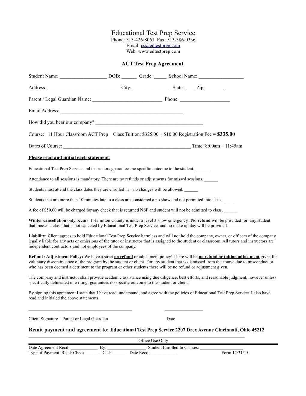 ACT Test Prep Agreement