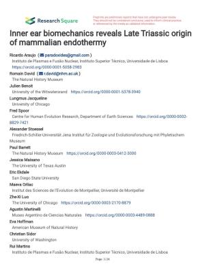 Inner Ear Biomechanics Reveals Late Triassic Origin of Mammalian Endothermy