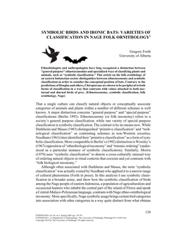 Symbolic Birds and Ironic Bats: Varieties of Classification in Nage Folk Ornithology1