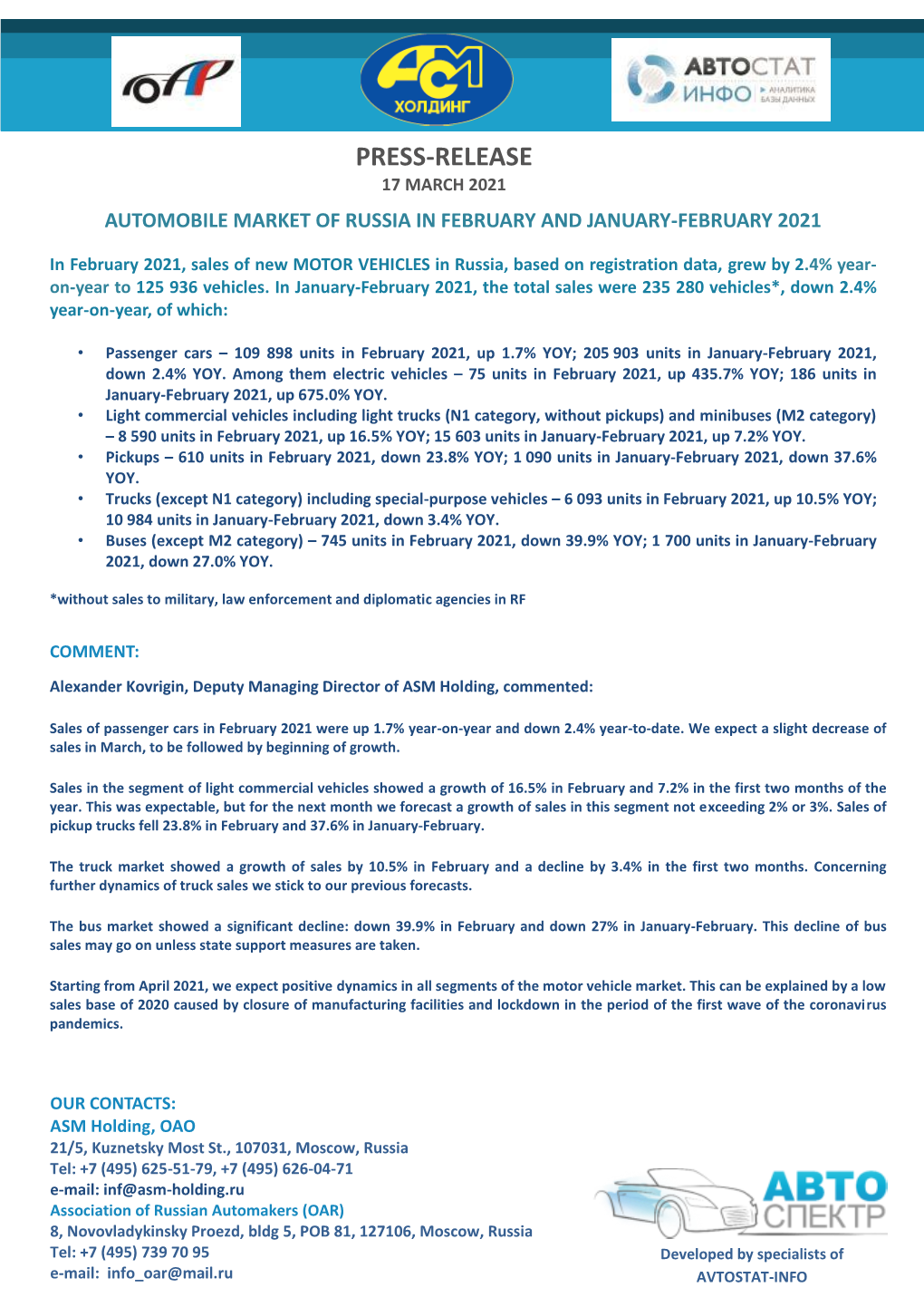 Passenger Cars – 109 898 Units in February 2021, up 1.7% YOY; 205 903 Units in January-February 2021, Down 2.4% YOY