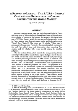 THE LICRA V. Yahoo! CASE and the REGULATION of ONLINE CONTENT in the WORLD MARKET