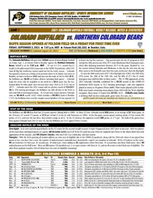 University of Colorado Buffaloes / Sports Information Service Game 1 2021 Colorado Buffalo Football Weekly Release, Notes &