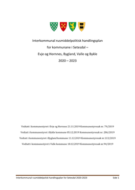 Interkommunal Rusmiddelpolitisk Handlingsplan for Kommunane I Setesdal – Evje Og Hornnes, Bygland, Valle Og Bykle 2020 – 2023