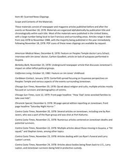 These Materials Consist of Newspaper and Magazine Articles Published Before and After the Events on November 18, 1978