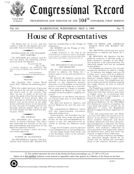 Congressional Record United States Th of America PROCEEDINGS and DEBATES of the 104 CONGRESS, FIRST SESSION