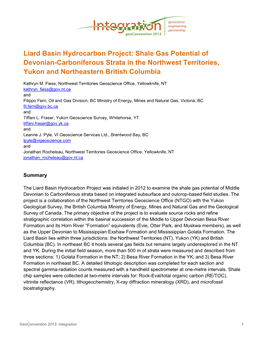 Liard Basin Hydrocarbon Project: Shale Gas Potential of Devonian-Carboniferous Strata in the Northwest Territories, Yukon and Northeastern British Columbia
