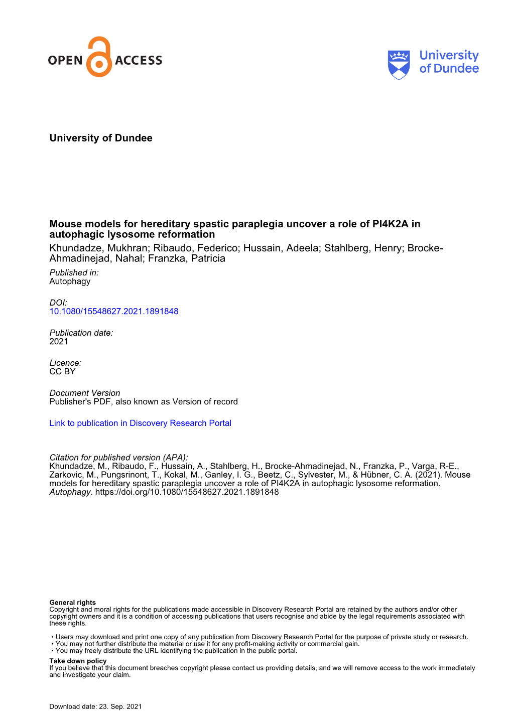 Mouse Models for Hereditary Spastic Paraplegia Uncover a Role Of