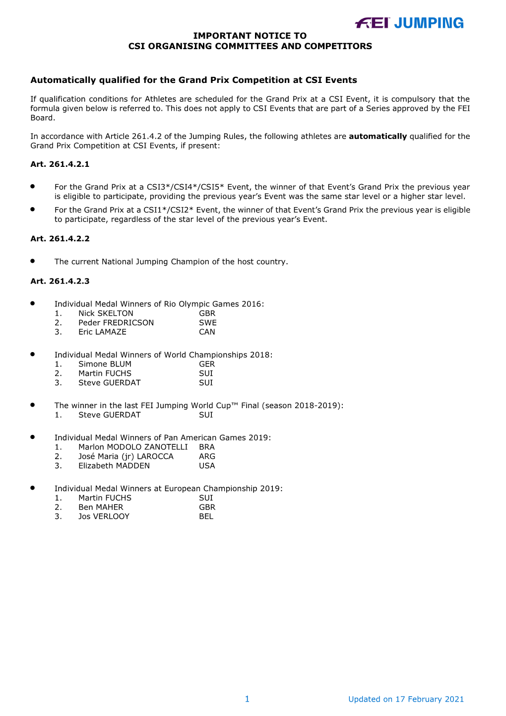 Qualification Conditions for Grand Prix Competitions at 2021 CSI Events