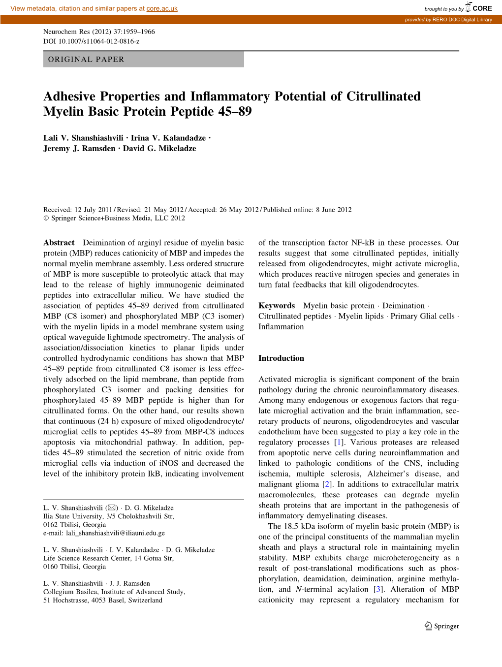 Adhesive Properties and Inflammatory Potential of Citrullinated Myelin