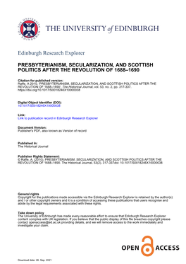 PRESBYTERIANISM, SECULARIZATION, and SCOTTISH POLITICS AFTER the REVOLUTION of 1688–1690', the Historical Journal, Vol