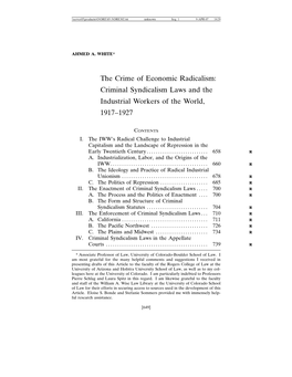 The Crime of Economic Radicalism: Criminal Syndicalism Laws and the Industrial Workers of the World, 1917–1927