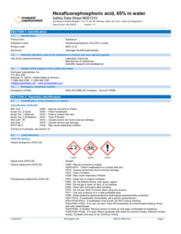 Hexafluorophosphoric Acid, 65% in Water Safety Data Sheet M001315 According to Federal Register / Vol