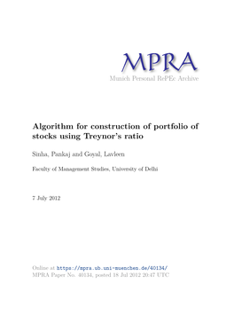 Algorithm for Construction of Portfolio of Stocks Using Treynor's Ratio
