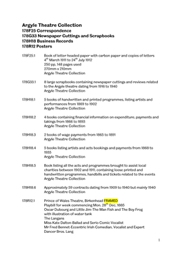 Argyle Theatre Collection 178F25 Correspondence 178G33 Newspaper Cuttings and Scrapbooks 178H18 Business Records 178R12 Posters