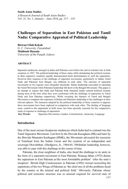 Challenges of Separatism in East Pakistan and Tamil Nadu: Comparative Appraisal of Political Leadership