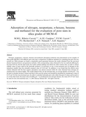 Adsorption of Nitrogen, Neopentane, N-Hexane, Benzene and Methanol for the Evaluation of Pore Sizes in Silica Grades of MCM-41