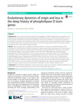 Evolutionary Dynamics of Origin and Loss in the Deep History of Phospholipase D Toxin Genes Matthew H