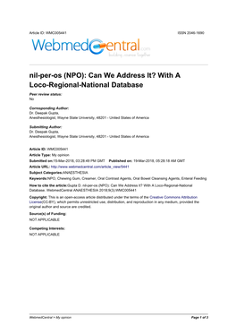 Nil-Per-Os (NPO): Can We Address It? with a Loco-Regional-National Database