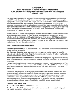 APPENDIX a Brief Description of Marine Protected Areas in the MLPA South Coast Integrated Preferred Alternative MPA Proposal December 8, 2009