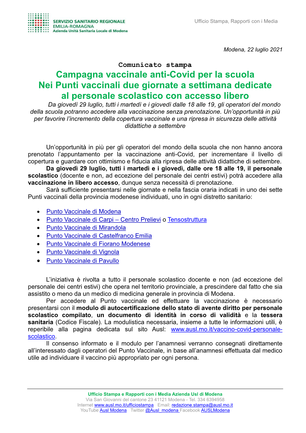 Vaccinazione Operatori Scuola 22-7-2021