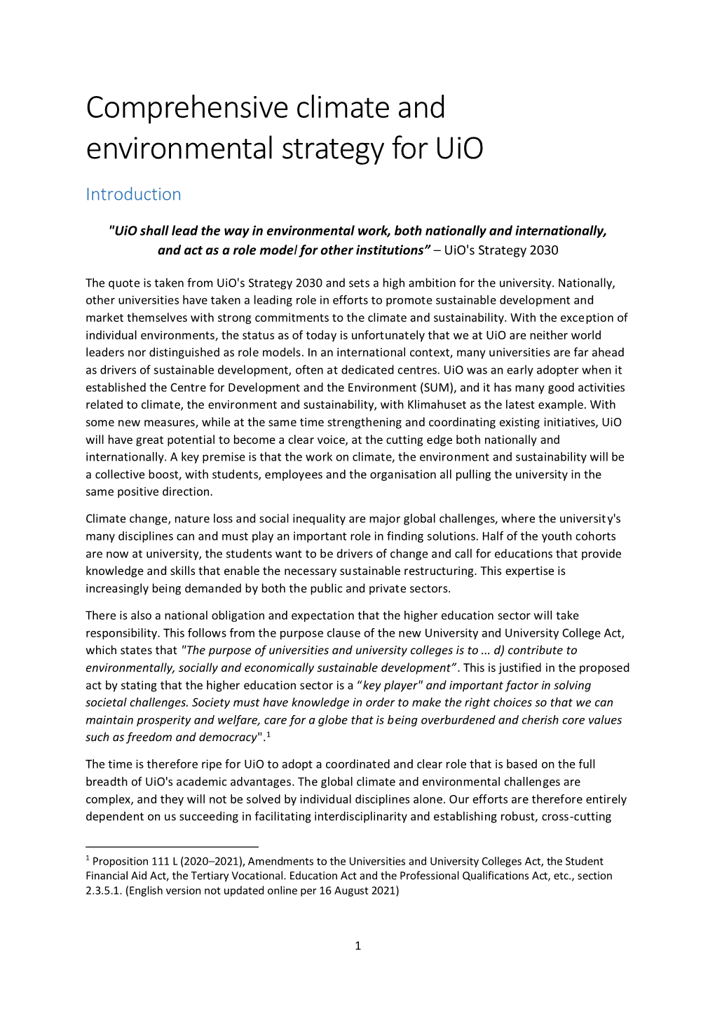 Comprehensive Climate and Environmental Strategy for Uio Introduction