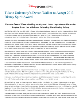 Tulane University's Devon Walker to Accept 2013 Disney Spirit Award