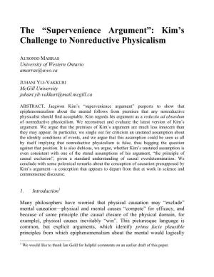 The “Supervenience Argument”: Kim's Challenge to Nonreductive Physicalism