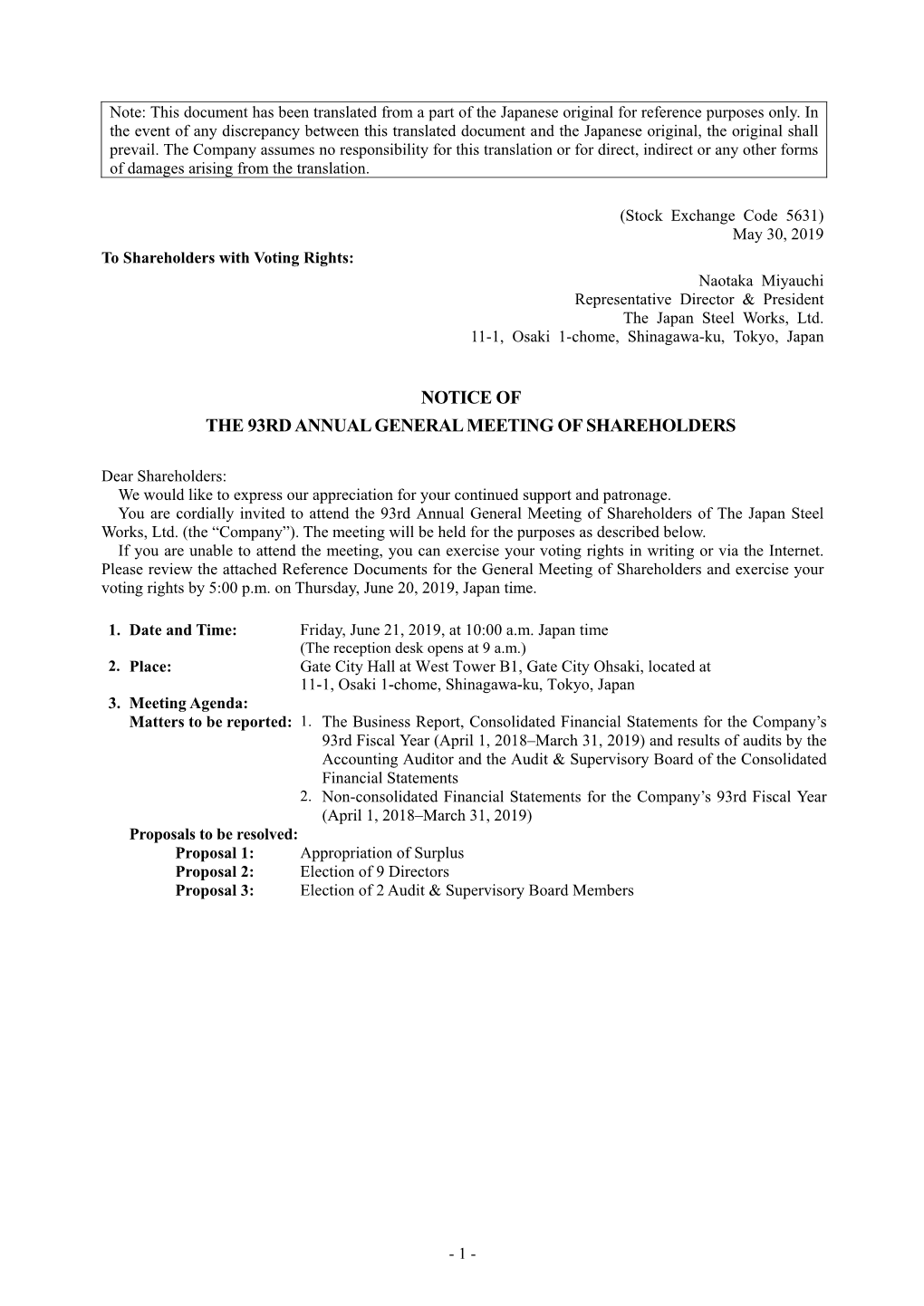 Notice of the 93Rd Annual General Meeting of Shareholders