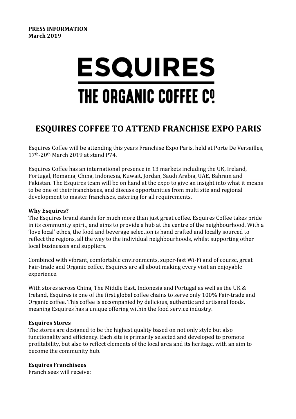 Esquires Coffee to Attend Franchise Expo Paris