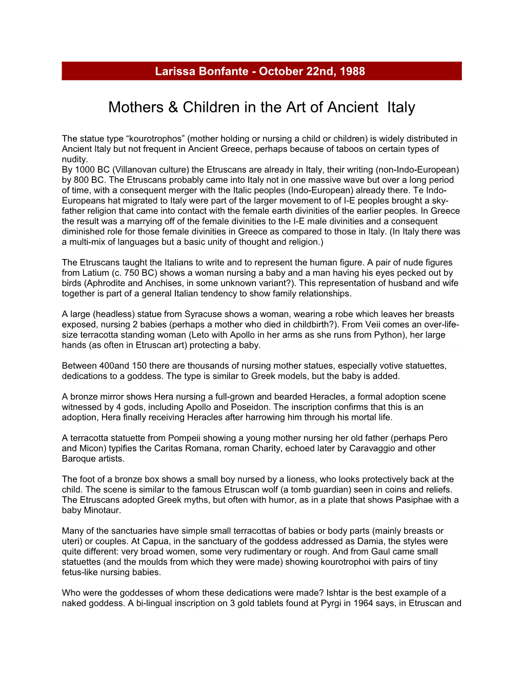 Mothers & Children in the Art of Ancient Italy