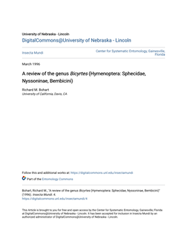 A Review of the Genus Bicyrtes (Hymenoptera: Sphecidae, Nyssoninae, Bembicini)