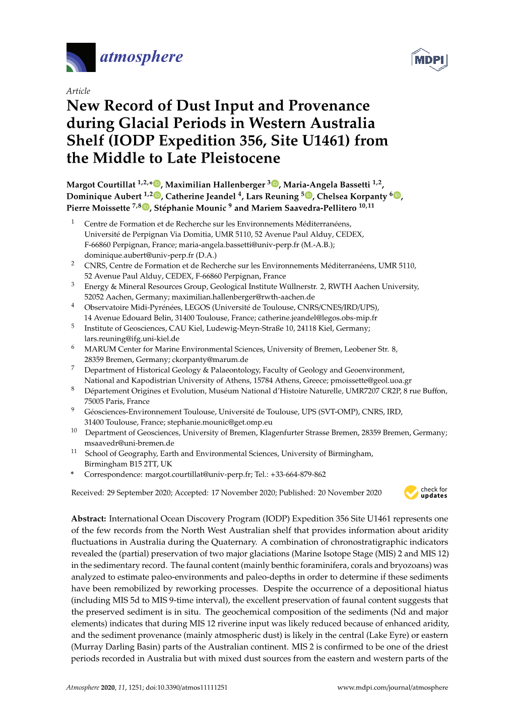 New Record of Dust Input and Provenance During Glacial Periods in Western Australia Shelf (IODP Expedition 356, Site U1461) from the Middle to Late Pleistocene