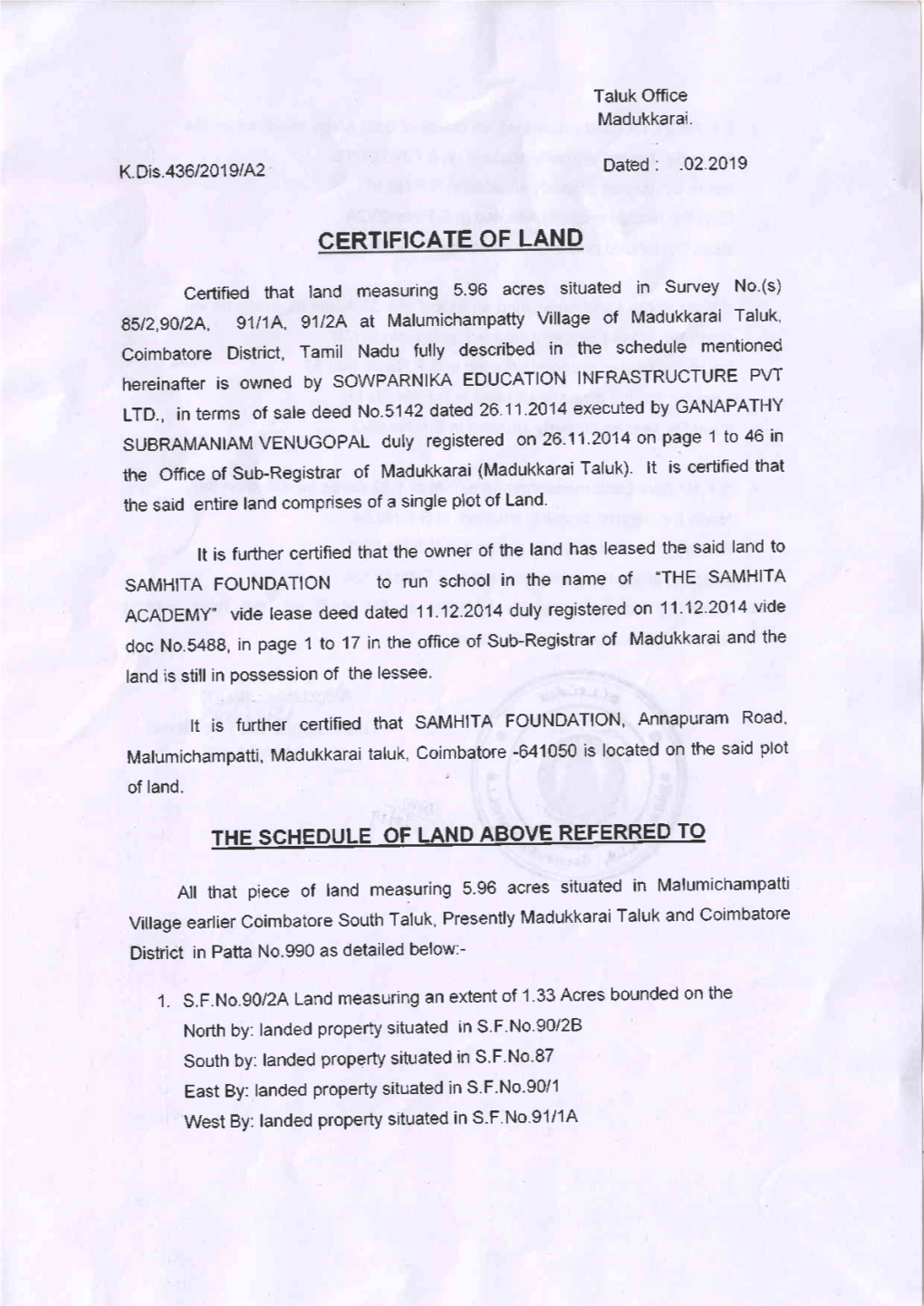 CERTIFICATE of LAND SAMHITA FOUNDATION to TUN Schooi In