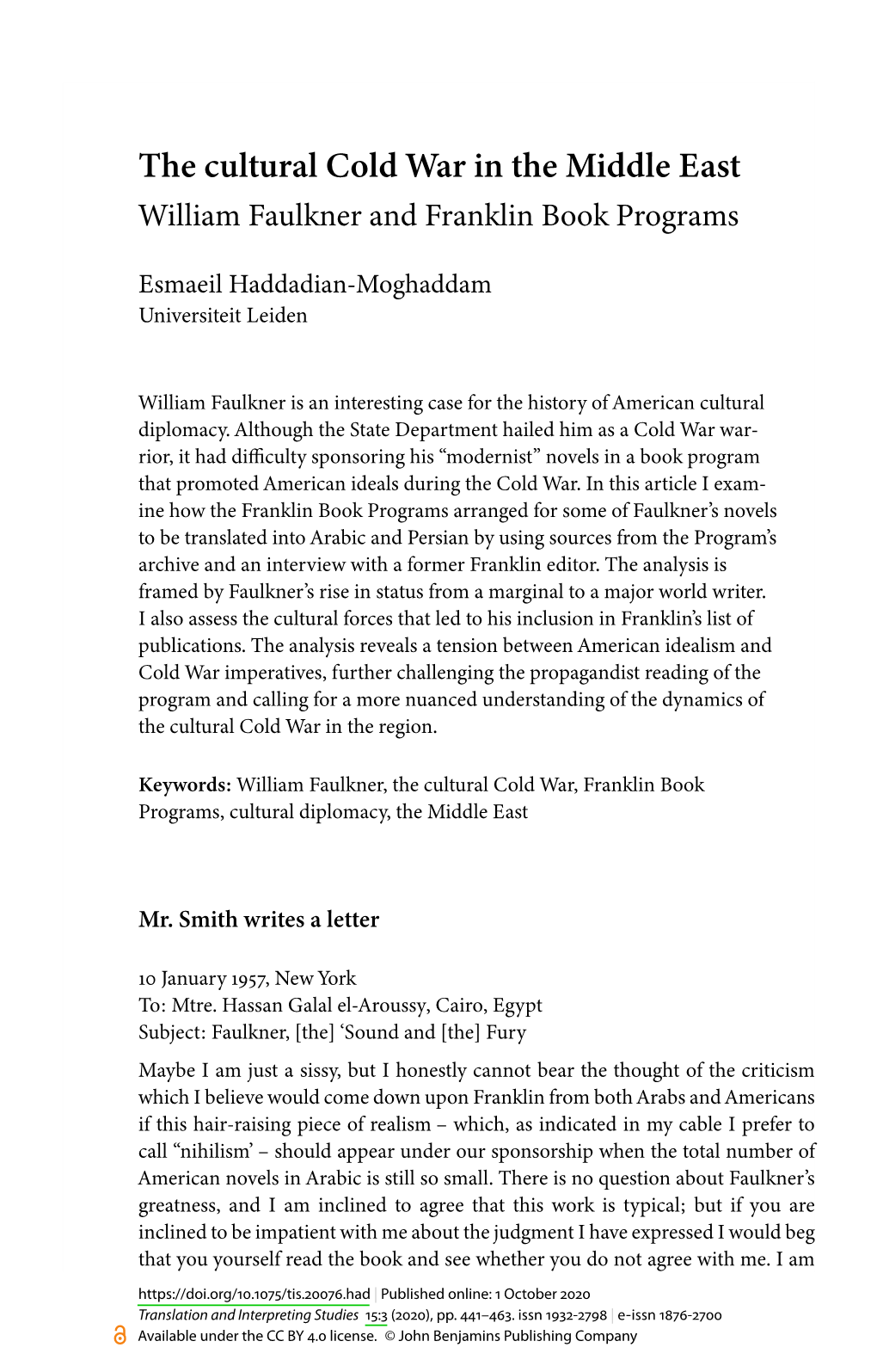 The Cultural Cold War in the Middle East : William Faulkner and Franklin Book Programs