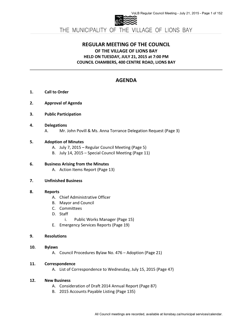 Regular Meeting of the Council Agenda