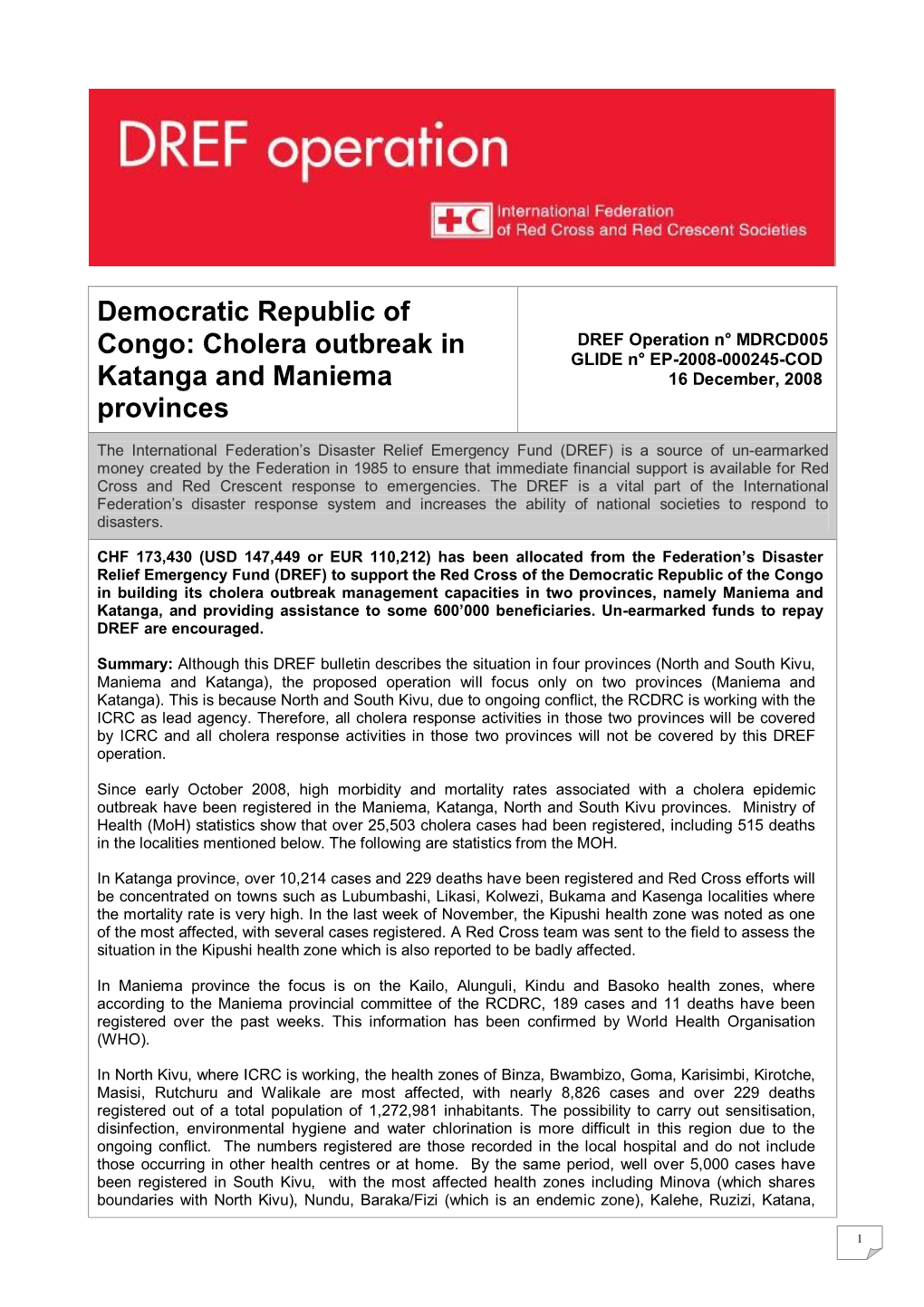 Democratic Republic of Congo: Cholera Outbreak in Katanga And