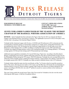 Justin Verlander Named Tiger of the Year by the Detroit Chapter of the Baseball Writers Association of America