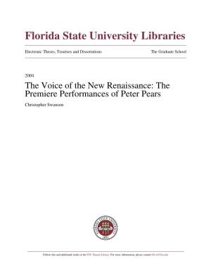 The Voice of the New Renaissance: the Premiere Performances of Peter Pears Christopher Swanson