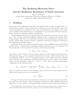 The Radiation-Reaction Force and the Radiation Resistance of Small Antennas 1 Problem