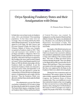 Oriya-Speaking Feudatory States and Their Amalgamation with Orissa