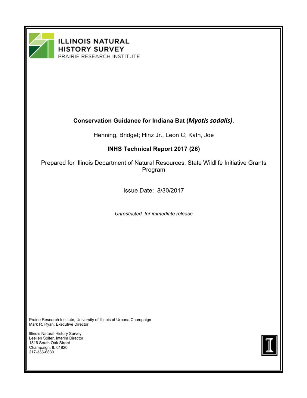 Conservation Guidance for Indiana Bat (Myotis Sodalis)