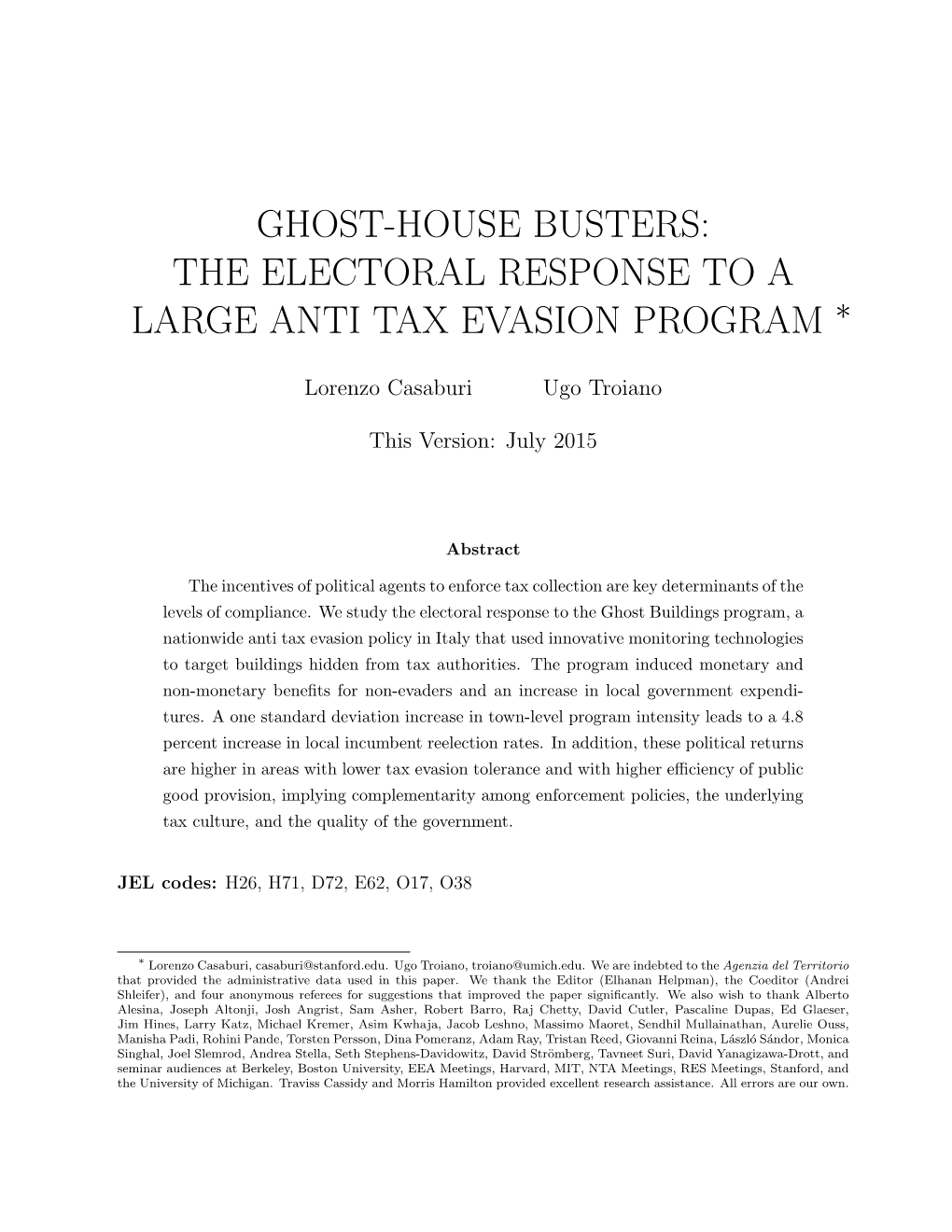 Ghost-House Busters: the Electoral Response to a Large Anti Tax Evasion Program ∗