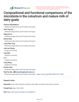 Compositional and Functional Comparisons of the Microbiota in the Colostrum and Mature Milk of Dairy Goats